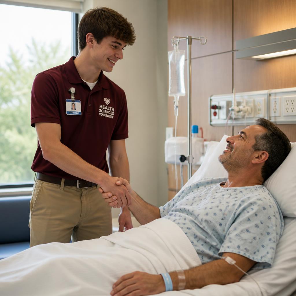 A Scholar Connect scholar on shift in a hospital unit, smiling on the floor.